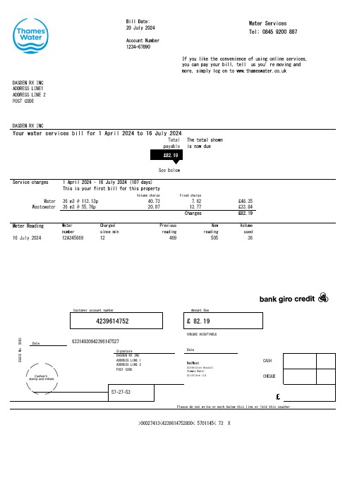 United Kingdom Thames Water business utility bill template in Word and PDF formats